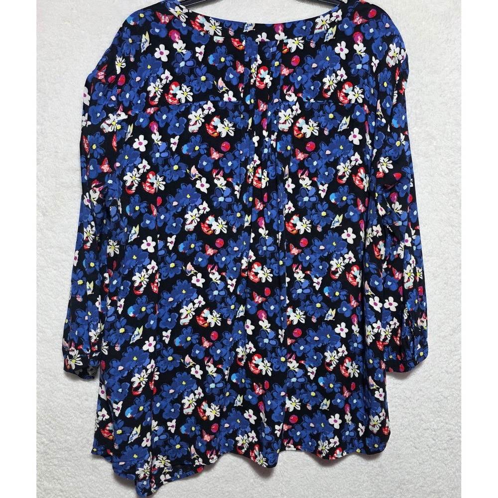 Talbots Woman 3X Floral Blouse Blue Black Rayon Lace Trim Pleated Back Top
